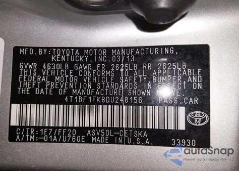 2013 Toyota Camry Se from USA, damaged, VIN 4T1BF1FK8DU248156
